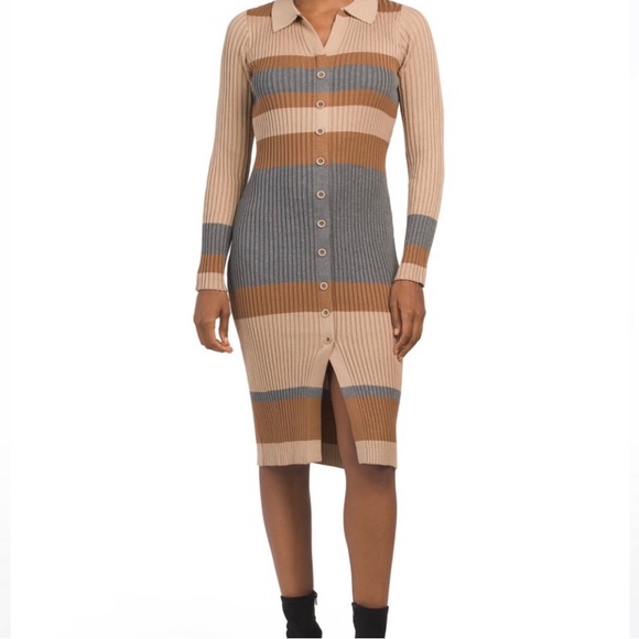 NORDSTROM TAYLOR MIDI LENGTH STRIPED RIBBED KNIT BUTTON DOWN DRESS S NWT - Picture 1 of 5